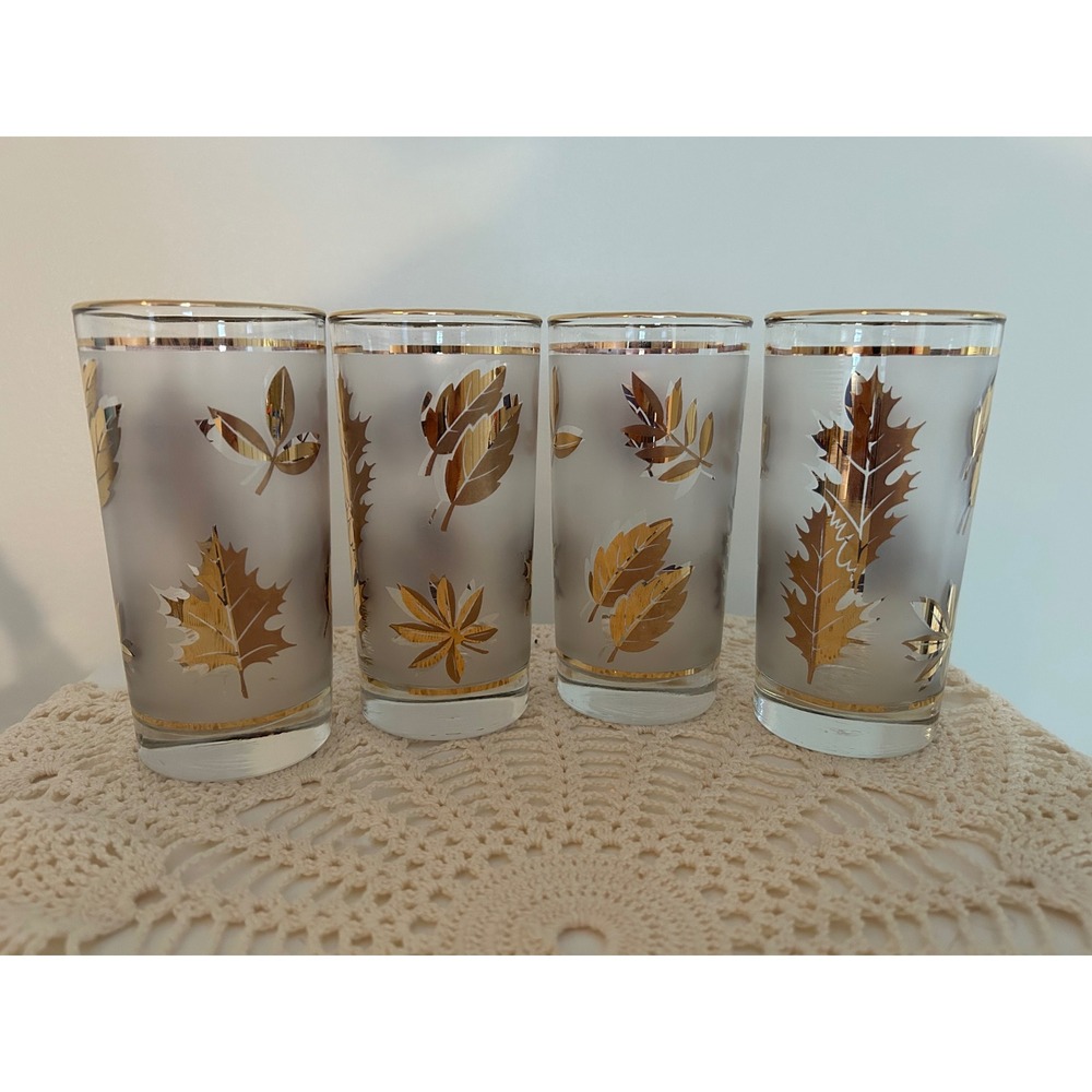 Vintage Libbey Frosted Gold Leaf Highball Glasses Set of 4 Mid Century Modern